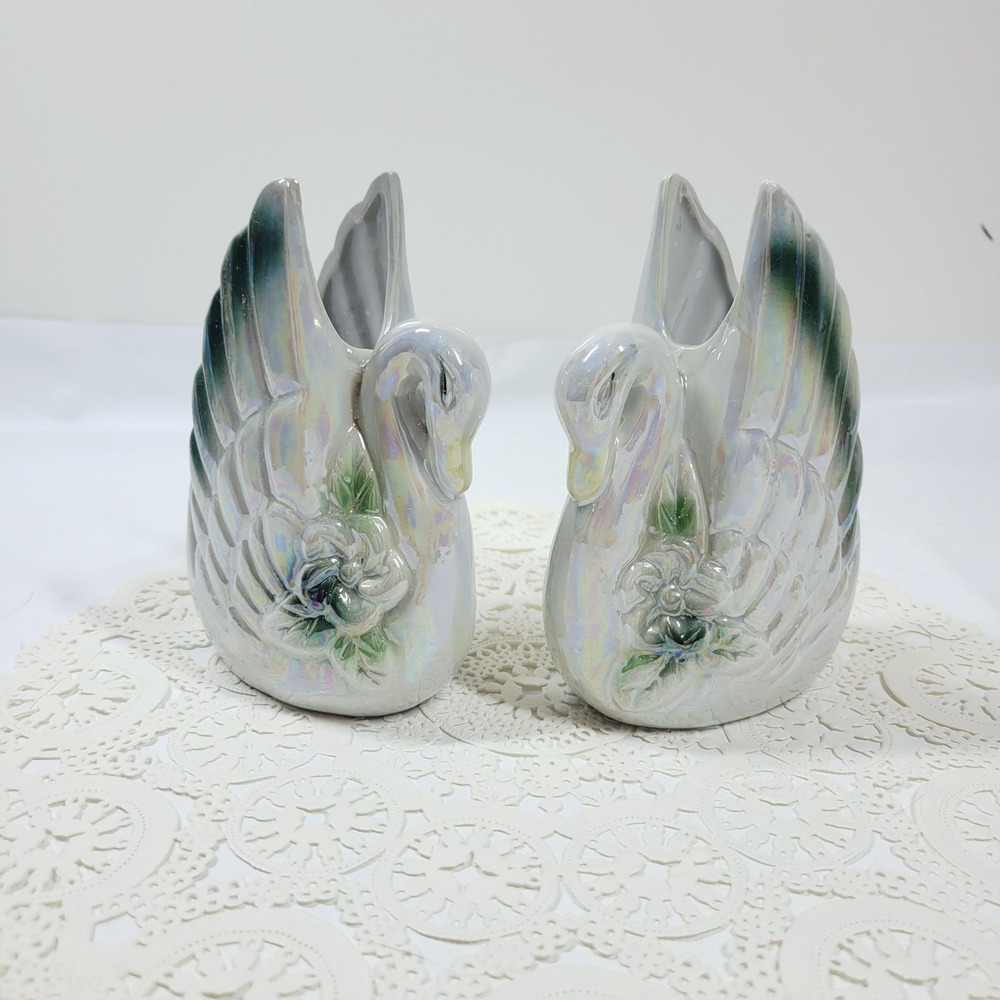 Vintage Lusterware Swan Iridescent Ceramic Figurine Pair Wedding Cake Topper